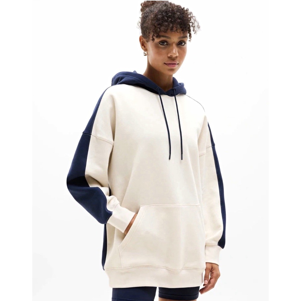 Women's Athleta Forever Fleece Colorblock Hoodie Navy/Cream Drawstring L New